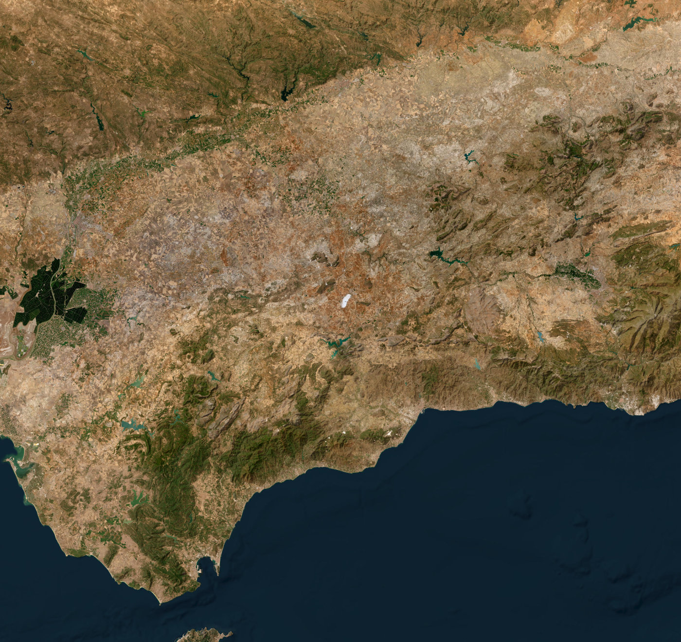 Satellite image of Andalucía with the route marked from Málaga through El Chorro, Granada, Córdoba, Sevilla, Ronda and Gibraltar back to Málaga